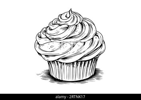 Cupcake in engraving style. Ink sketch isolated on white background. Hand drawn vector illustration. Stock Vector