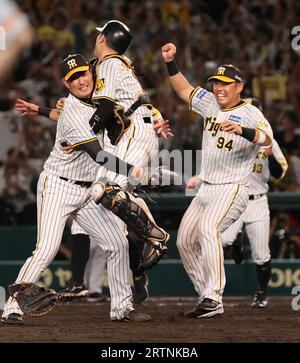 Fans of Hanshin Tigers celebrate as the team clinched their first