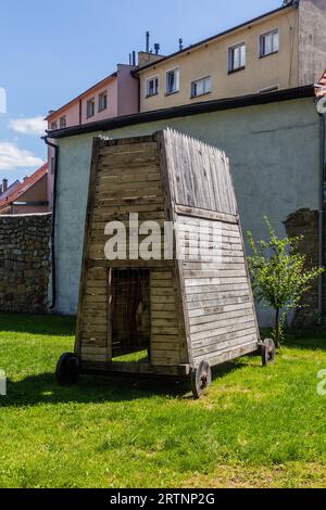 Medieval wooden battering ram device in Bystrzyca Klodzka, Poland, Stock Photo