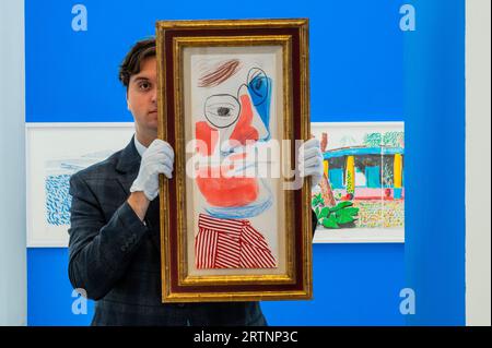 London, UK. 14th Sep, 2023. Self-portrait, July 1986, 1986 Estimate: £20,000 - 30,000 - David Hockney Auction Highlights at Phillips. The exhibition opens to the public from 14 September to 21 September. Credit: Guy Bell/Alamy Live News Stock Photo