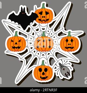 Illustration on theme sticker for celebration fun holiday Halloween with orange pumpkins Stock Vector