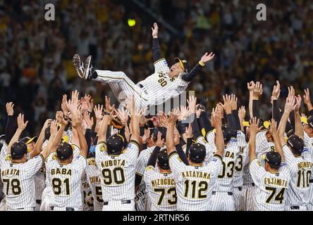 Members of Hanshin Tigers celebrate after grabbing championship of central  league at Hanshin Koshien Stadium in Nishinomiya City, Hyogo Prefecture on  September 14, 2023. Hanshin Tigers of Nippon Professional Baseball (NPB)  claimed