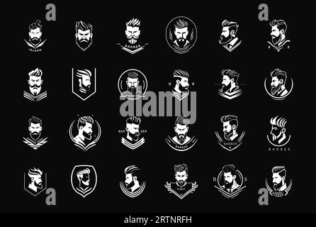 Bearded mustachioed man with modern hairstyle, portrait logo collection for gentleman barbershop, men facial care products logos. Monochrome Stock Vector