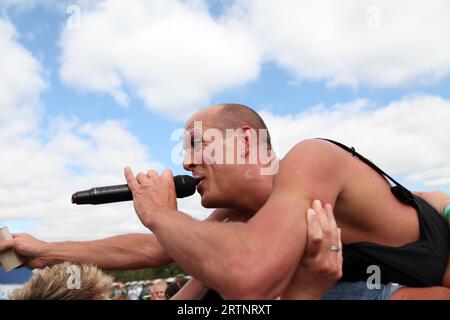 Oxford Pride protest event June 2013 - close up of trans man crowd surfing Stock Photo