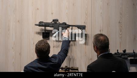 ExCel, London, UK. 14th Sep, 2023. The biennial Defence and Security Exhibition (DSEI) runs from 12-15 Sept featuring the latest technology in Military Aerospace, Land, Naval, Security and Joint zones. Credit: Malcolm Park/Alamy Live News Stock Photo