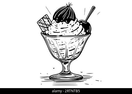 Ice cream scoops with berries and wafer sticks in glass cup. Ink sketch engraved vector illustration. Stock Vector