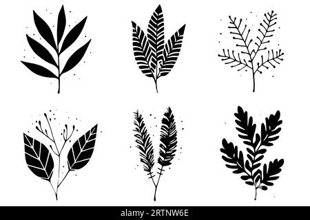 Set of lino cut vector stamp black leaves and branch imprints on white background. Hand drawn floral elements. Stock Vector