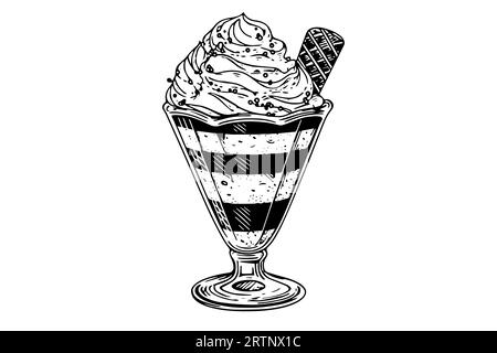 Ice cream scoops with berries and wafer sticks in glass cup. Ink sketch engraved vector illustration. Stock Vector