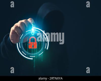 Hacker is pointing his finger at a binary code on a dark background. Concept of information security in internet networks and espionage. Stock Photo