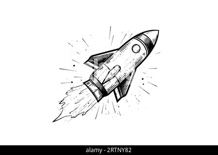 Blowing space rocket sketch engraving style vector illustration. Stock Vector