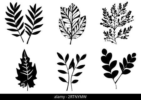 Set of lino cut vector stamp black leaves and branch imprints on white background. Hand drawn floral elements. Stock Vector
