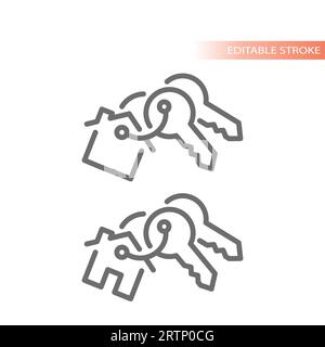 House key set line vector icon. Keys with keyring and home charm outline. Stock Vector