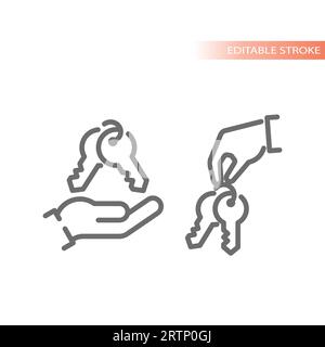 Hand holding keys on keychain line vector icon. Buying a house, real estate keyring symbol. Stock Vector
