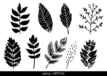 Set of lino cut vector stamp black leaves and branch imprints on white background. Hand drawn floral elements. Stock Vector