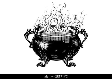 Boiling witch's cauldron hand drawn ink sketch. Engraving style vector illustration. Stock Vector