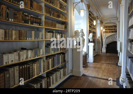 Feature / Symbol: Herzogin-Anna-Amalia-Bibliothek 09/23 thg Der Rokokosaal der Bibliothek der deutschen Klassik in Weimar im September 2023 Deutschland deutsch deutsche Stadt Kultur Buch Bücher Literatur Sammlung Archiv Museum Nationale Forschungs- und Gedenkstätten der klassischen deutschen Literatur in Weimar Goethe Nationalmuseum Goethe- und Schiller-Archiv Weimarer historisch Ausstellungsraum Regal Bücherregal Regale Bücherregale Gemälde Bilder Kunst Büsten Statuen Wandverzierungen Wandschmuck antikes Geländer antik Anna Amalia Herzogin Rokoko Saal Antiquitäten germany german library quer Stock Photo