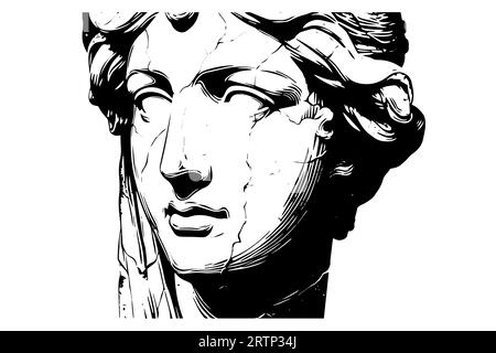 Cracked statue face of greek sculpture hand drawn engraving style sketch. Vector illustration. Image for print, tattoo, and your design. Stock Vector