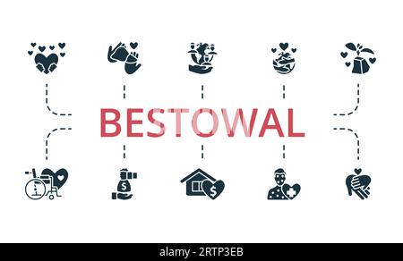Bestowal set. Creative icons: kindness, organ donation, social responsibility, world embracing, hope, disabled aid, sponsorship, charitable foundation Stock Vector
