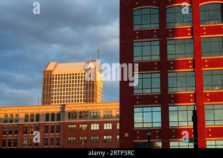 Downtown buildings in Columbus, Ohio, form a montage of architectural styles in early evening sunlight. Stock Photo