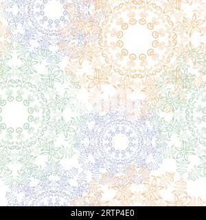 Mandala spirit ornamental violet, green, orange pastel color seamless pattern, vector background Stock Vector