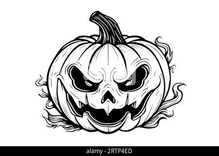 Halloween pumpkin head mascot engraving ink sketch hand drawn vector ...
