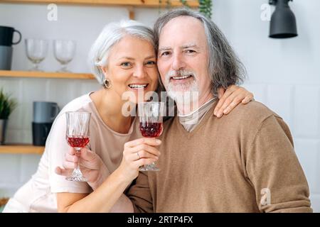 Happy elderly caucasian spouses, spend time together in the kitchen at home, hold glasses of wine in their hands, celebrate an important date, anniversary, look at the camera, smile joyfully Stock Photo