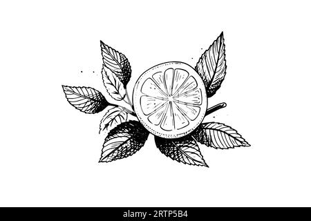 Lemons and mint hand drawn vector illustration. Whole fruit, sliced piece and leaves drawing. Stock Vector