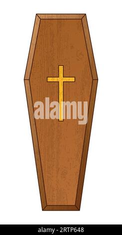 A coffin, color vector illustration of casket funerary box with cross, isolated on white Stock Vector