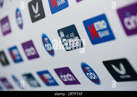 Grace Road, Leicester, UK. 14th Sep, 2023. 3rd Womens One Day International, England versus Sri Lanka; England Cricket and sponsor branding on the players benches Credit: Action Plus Sports/Alamy Live News Stock Photo