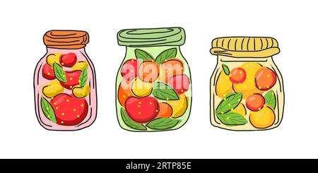 Fruit juice, compote, canned fruit in a jar. Vector isolated. Set of 3 colored glass jars with berry drink, whole fruits and mint leaves. Apple, peach, apricot drinks. Home canning. Organic eco jam Stock Vector