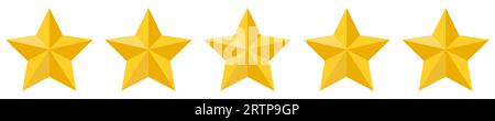 Five yellow stars rating icons. Five stars customer product rating. Vector illustration isolated on white background Stock Vector