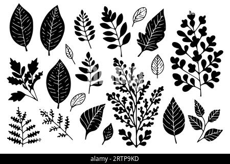 Set of lino cut vector stamp black leaves and branch imprints on white background. Hand drawn floral elements. Stock Vector