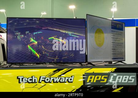 Detroit, Michigan, USA. 13th Sep, 2023. A display by Michigan Tech University's APS Labs shows what an autonomous vehicle can see with its lidar and radar. The display was shown at the North American International Auto Show. Credit: Jim West/Alamy Live News Stock Photo