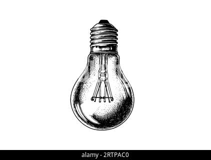 Engraving light bulb on white background. Vintage engraved light Stock Vector