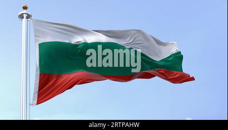 Bulgaria national flag waving in the wind on a clear day. White, green and red horizontal stripes. 3d illustration render. Fluttering fabric Stock Photo