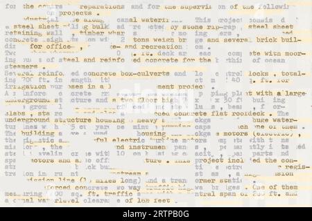 Text written on an old typewriter. It is part of a resume of a civil engineer who has worked in the sixties in South America. Meant as text background Stock Photo