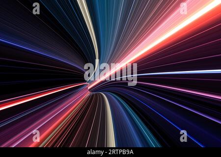 3d illustration of light tunnel made of vibrant neon lines. 3d rendering of bright light trails, perspective view. Stock Photo