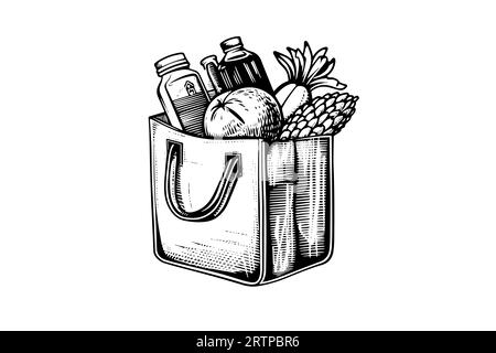 Grocery bag full of food engraving sketch vector hand-drawn illustration. Stock Vector