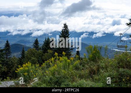 A layered mountain view of green meadow, blue mountains and white cloud Stock Photo