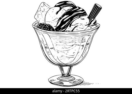 Ice cream scoops with berries and wafer sticks in glass cup. Ink sketch engraved vector illustration. Stock Vector