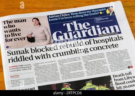 14 September 2003. Guardian front page headline reads Sunak blocked rebuild of hospitals riddled with crumbling concrete. Stock Photo