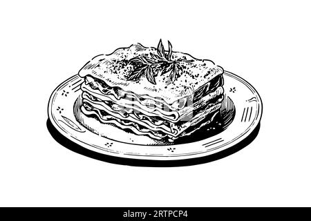 Italian pasta. Lasagna on a plate, fork with spaghetti Vector engraving style illustration. Stock Vector