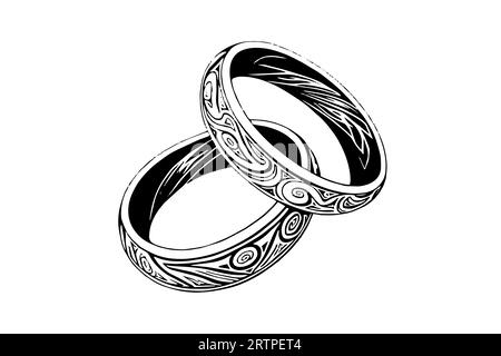 Vector hand drawn illustration of wedding jewelry rings in vintage engraved style. Stock Vector