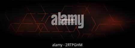 Abstract black and orange hexagon vector technology background. Wide horizontal banner with honeycomb and hexagonal lines. Vector illustration Stock Vector