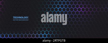 Black, blue and purple hexagonal technology abstract vector background. Futuristic modern technology wide banner. Horizontal honeycomb hexagon texture Stock Vector