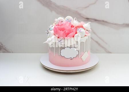 Beautiful and elegant grey and pink cake decorated with melted white chocolate, macaroons, edible peony flower and meringue kisses on marble backgroun Stock Photo