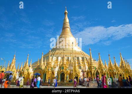 YANGON, MYANMAR - DECEMBER 17, 2016: Golden stupa of Shwedagon pagoda on a Sunny day Stock Photo