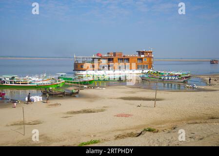 BAGAN, MYANMAR - DECEMBER 23, 2016: Passenger ship near the banks of the Irrawaddy River Stock Photo