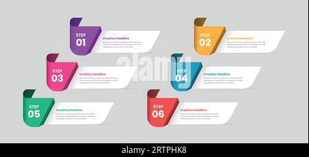 Six step modern minimalist business infographic layout design with abstract shapes Stock Vector