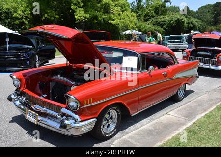 A 1957 Chevrolet Bel Air Hard Top on display at a car show. Stock Photo